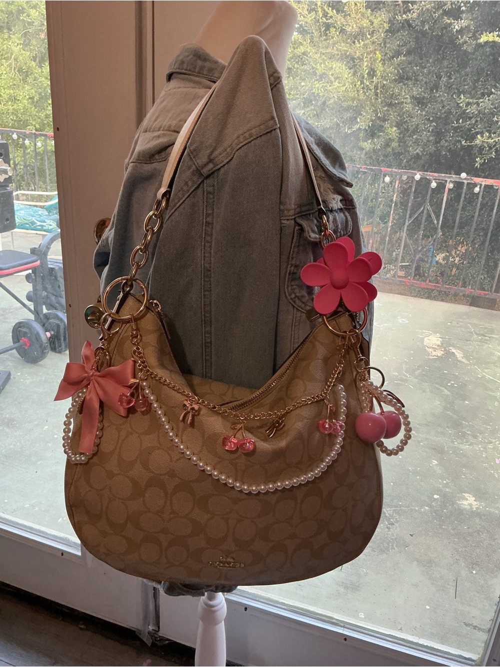 Coach Tan Signature Canvas Hobo with Pink Charm Accents